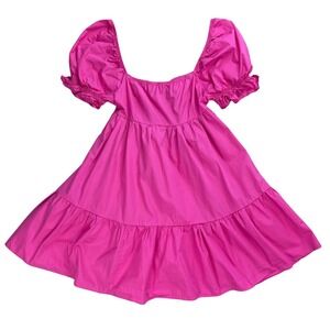 Babydoll Puff Sleeve Mini Dress Hot Pink Bow 100 Cotton Coquette Regency Cottage